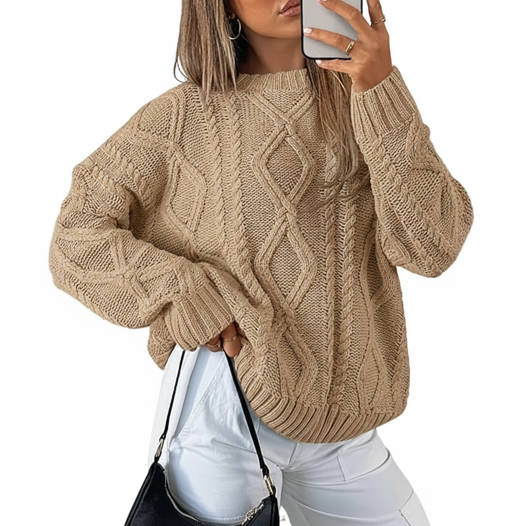 Oversized Cable Knit Sweater Crewneck Cozy Fall Pullover Top For Women