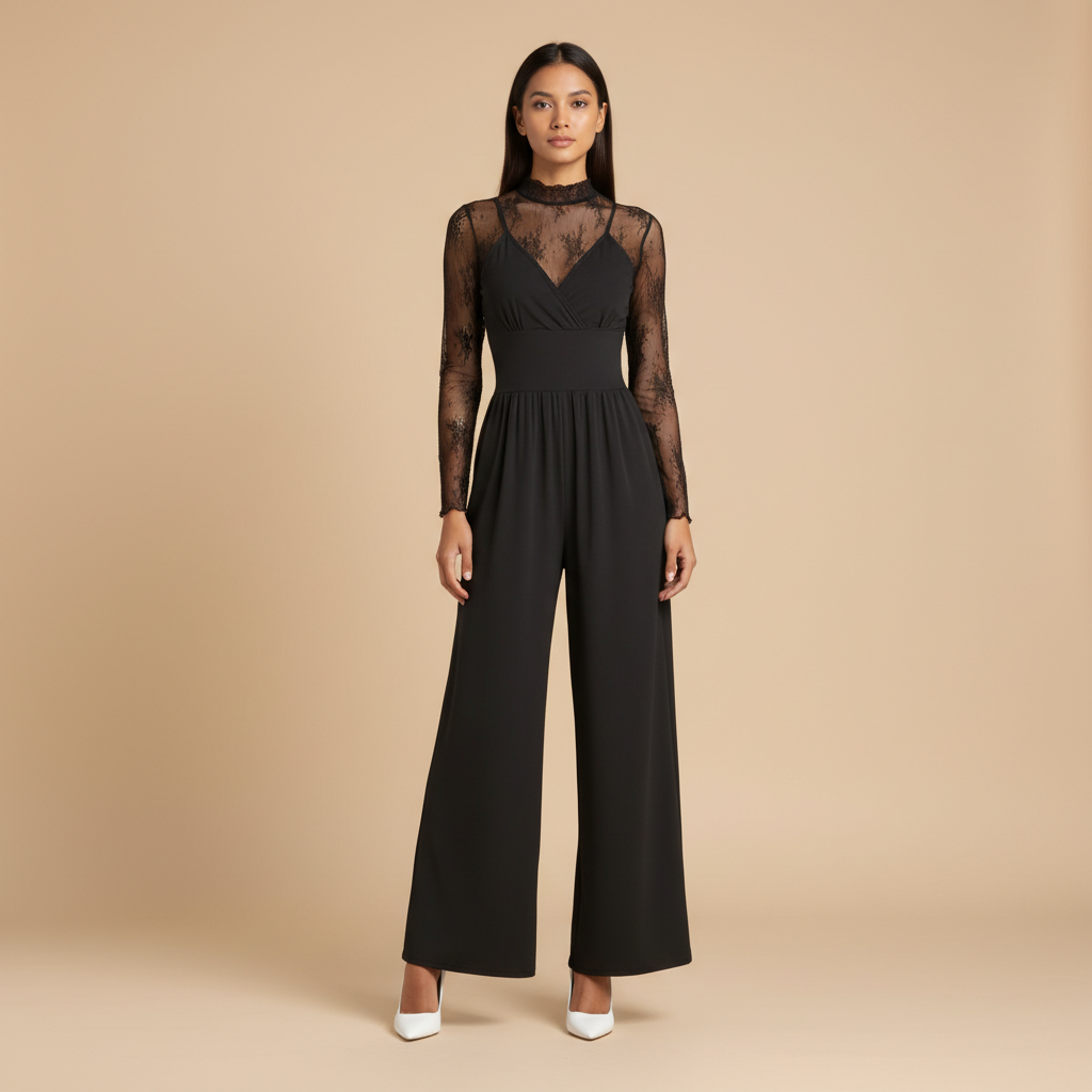 Casual Lace Jumpsuit With Long Sleeves Top 