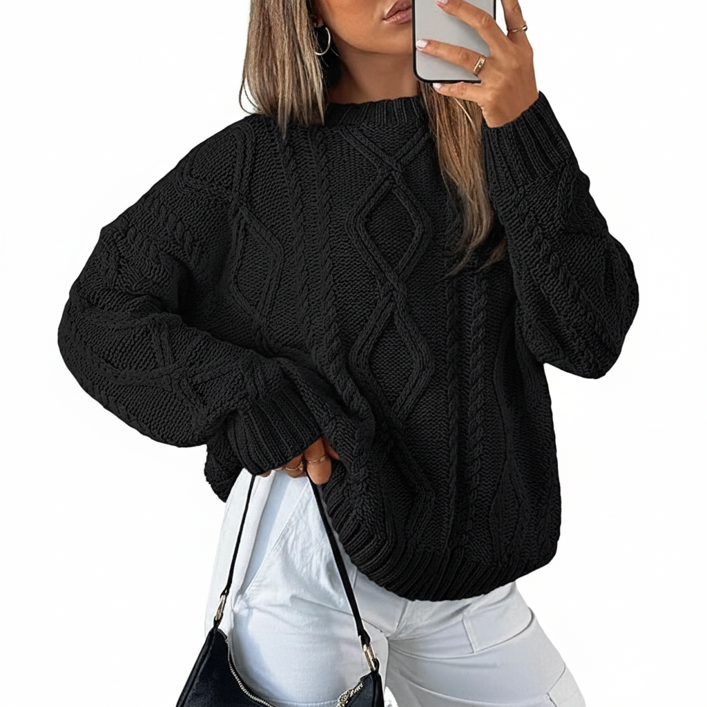 Oversized Cable Knit Sweater Crewneck Cozy Fall Pullover Top For Women