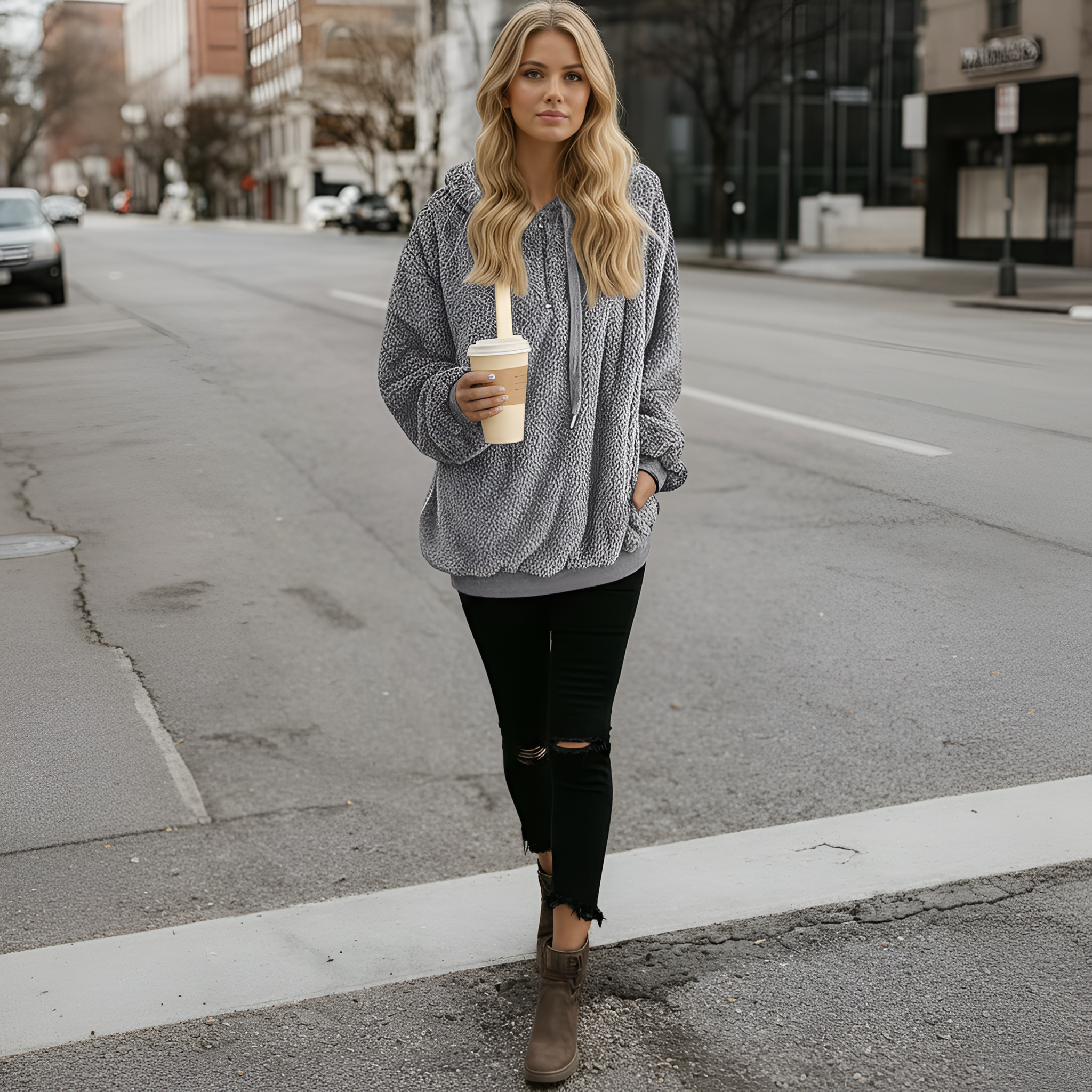 Oversized Fuzzy Hoodie With Pockets For Women