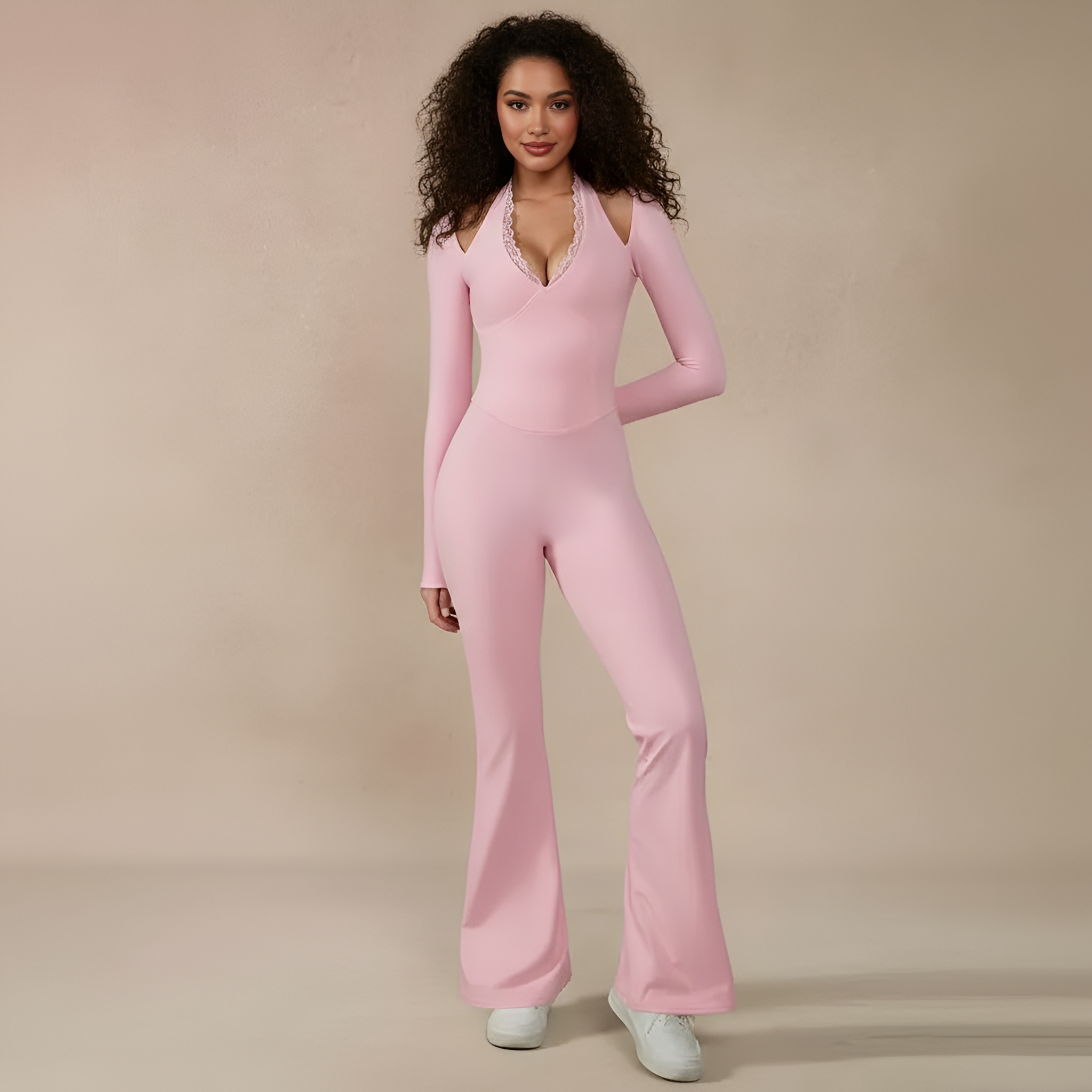 Women Long Sleeve Lace Trim Halter Jumpsuit