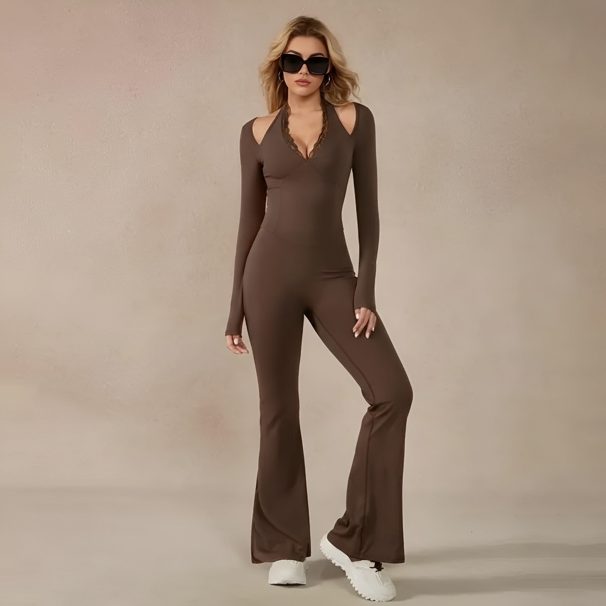 Women Long Sleeve Lace Trim Halter Jumpsuit