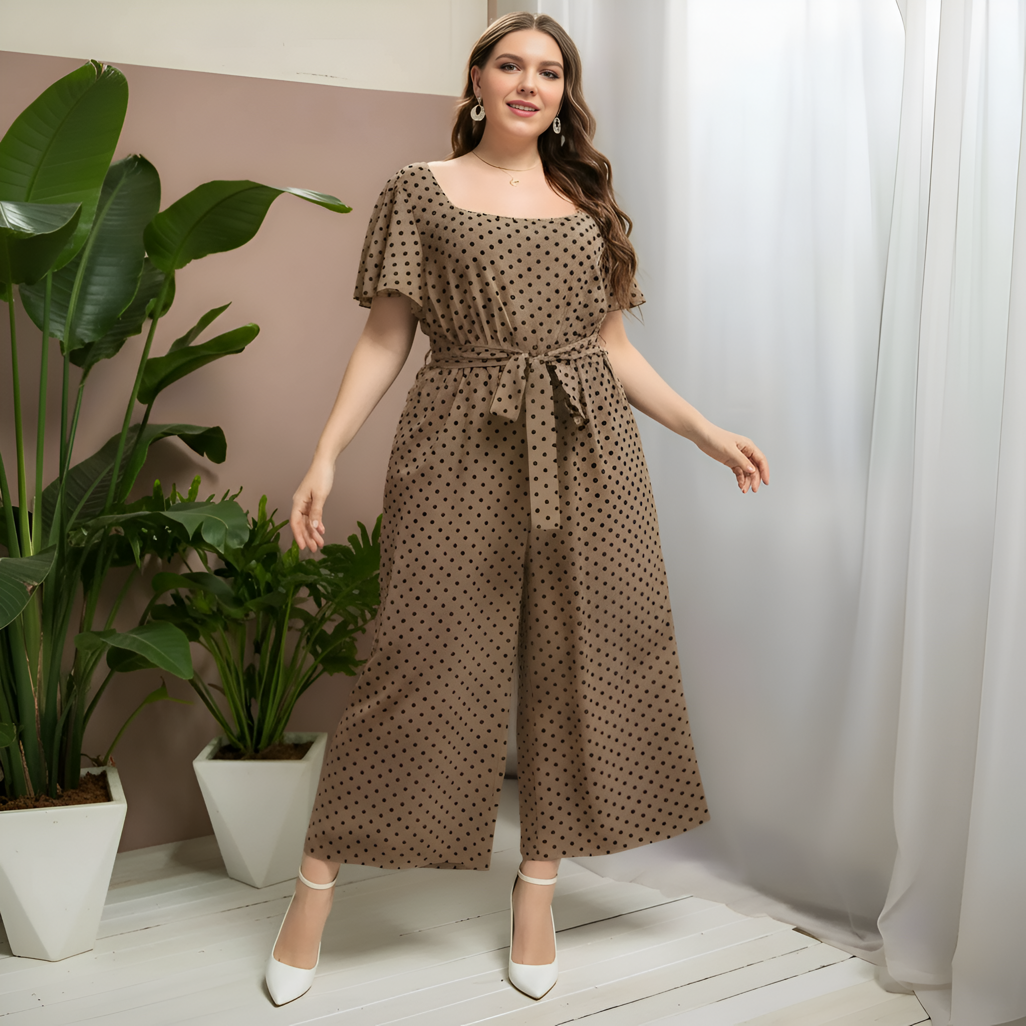 Plus Size Polka Dot Design Jumpsuit With Belt For Women