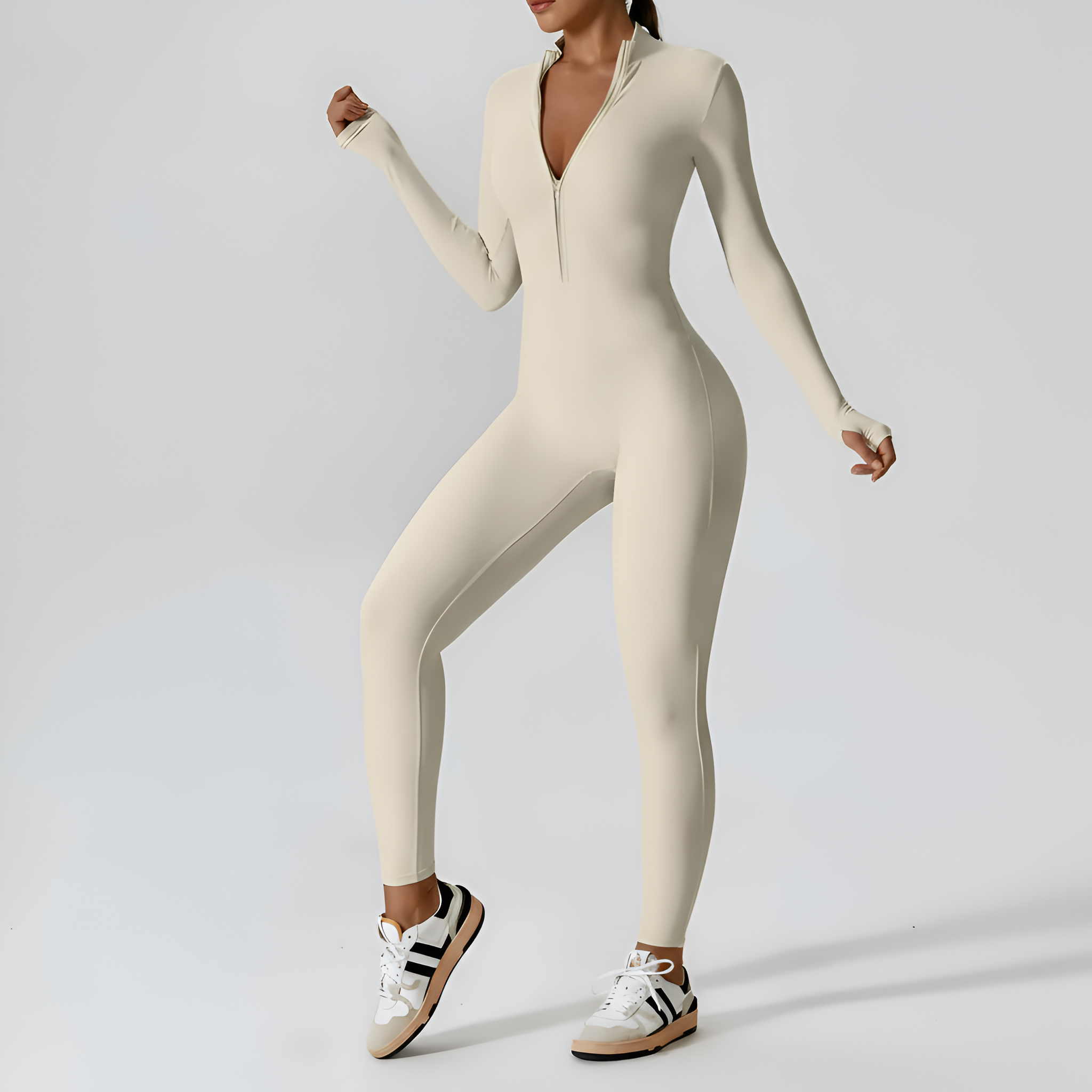 Solid Zip Front Long Sleeve Jumpsuit