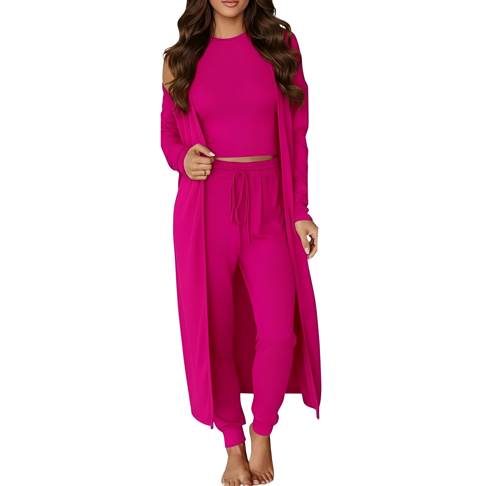 Three Piece Travel Lounge Set With Cardigan Matching Top And Jogger For Women