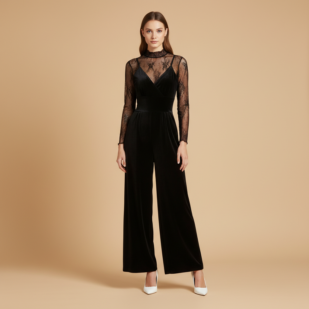 Casual Lace Jumpsuit With Long Sleeves Top 