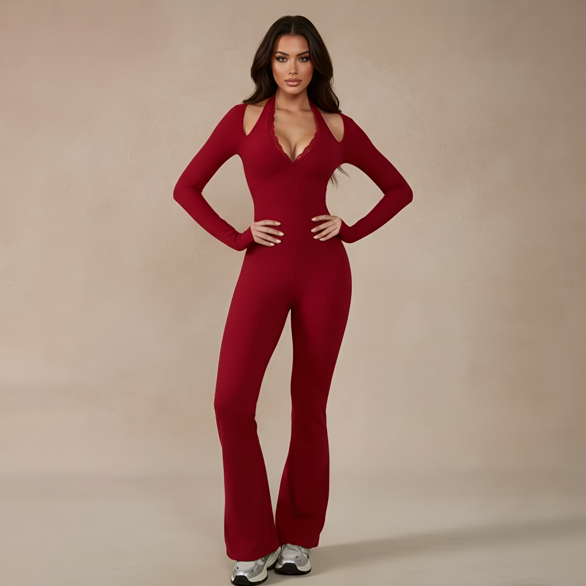 Women Long Sleeve Lace Trim Halter Jumpsuit
