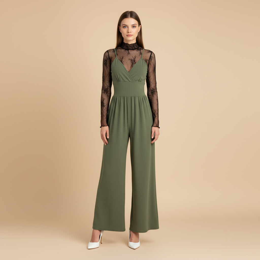 Casual Lace Jumpsuit With Long Sleeves Top 