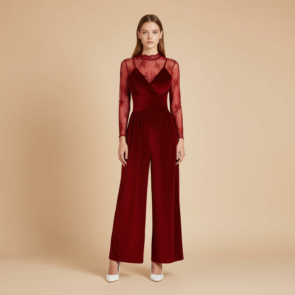 Casual Lace Jumpsuit With Long Sleeves Top 