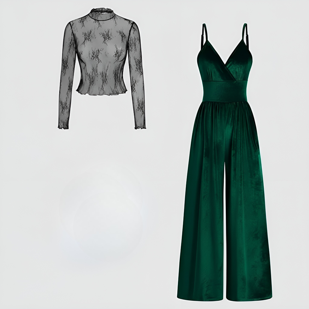 Lace Long Sleeve Tee Jumpsuit Set