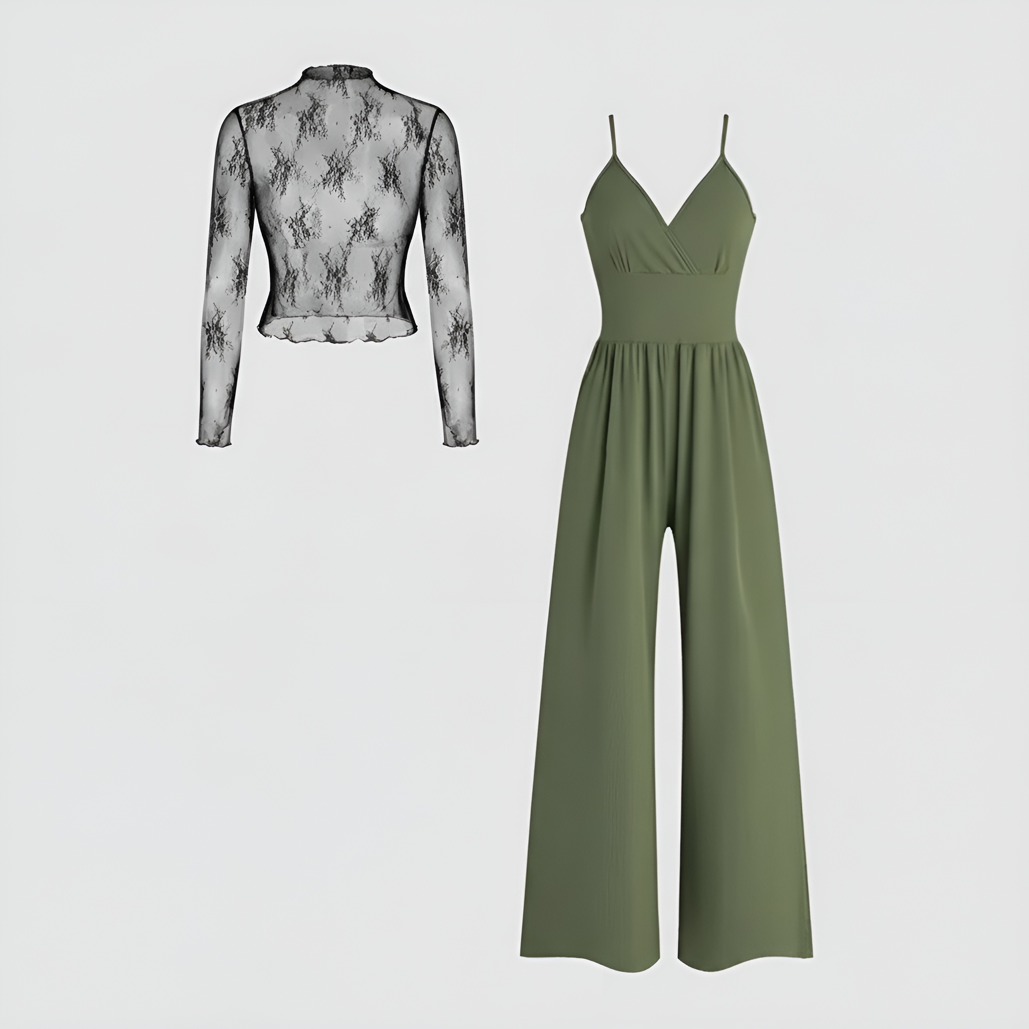 Lace Long Sleeve Tee Jumpsuit Set