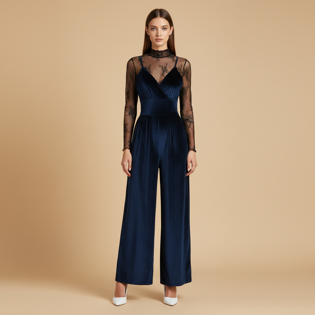 Casual Lace Jumpsuit With Long Sleeves Top 