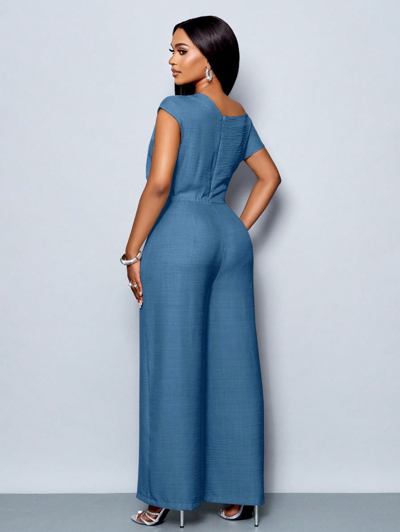 Asymmetrical Neckline Shoulder Pleats Short Sleeve Wide Leg Jumpsuit