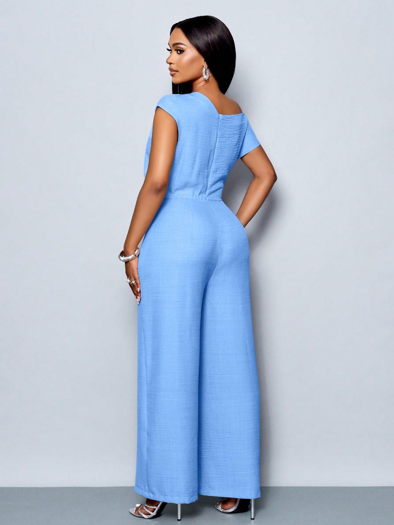 Asymmetrical Neckline Shoulder Pleats Short Sleeve Wide Leg Jumpsuit