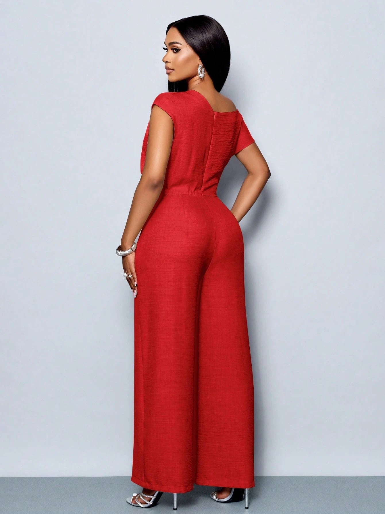 Asymmetrical Neckline Shoulder Pleats Short Sleeve Wide Leg Jumpsuit