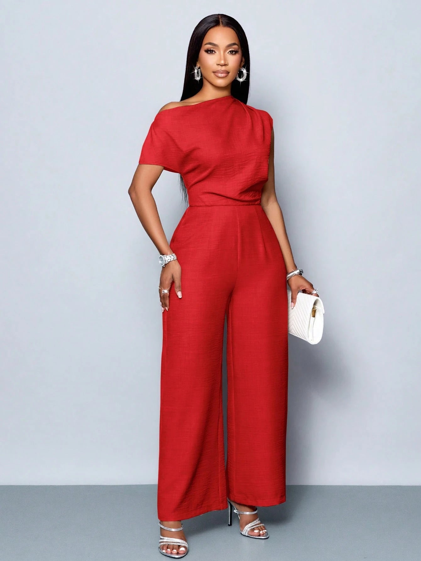 Asymmetrical Neckline Shoulder Pleats Short Sleeve Wide Leg Jumpsuit