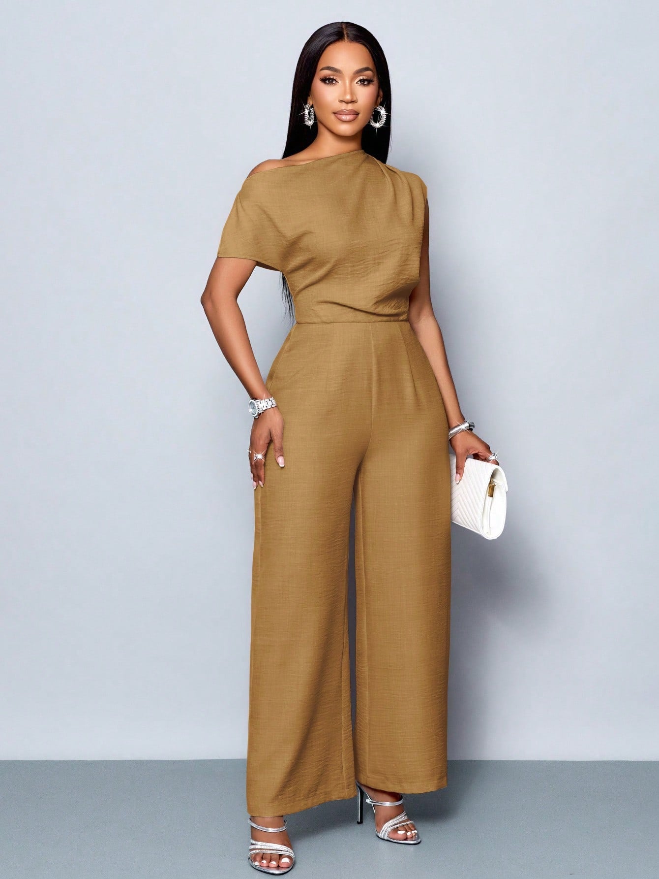 Asymmetrical Neckline Shoulder Pleats Short Sleeve Wide Leg Jumpsuit