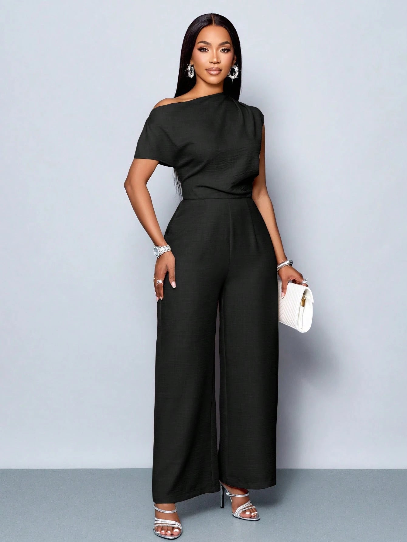 Asymmetrical Neckline Shoulder Pleats Short Sleeve Wide Leg Jumpsuit