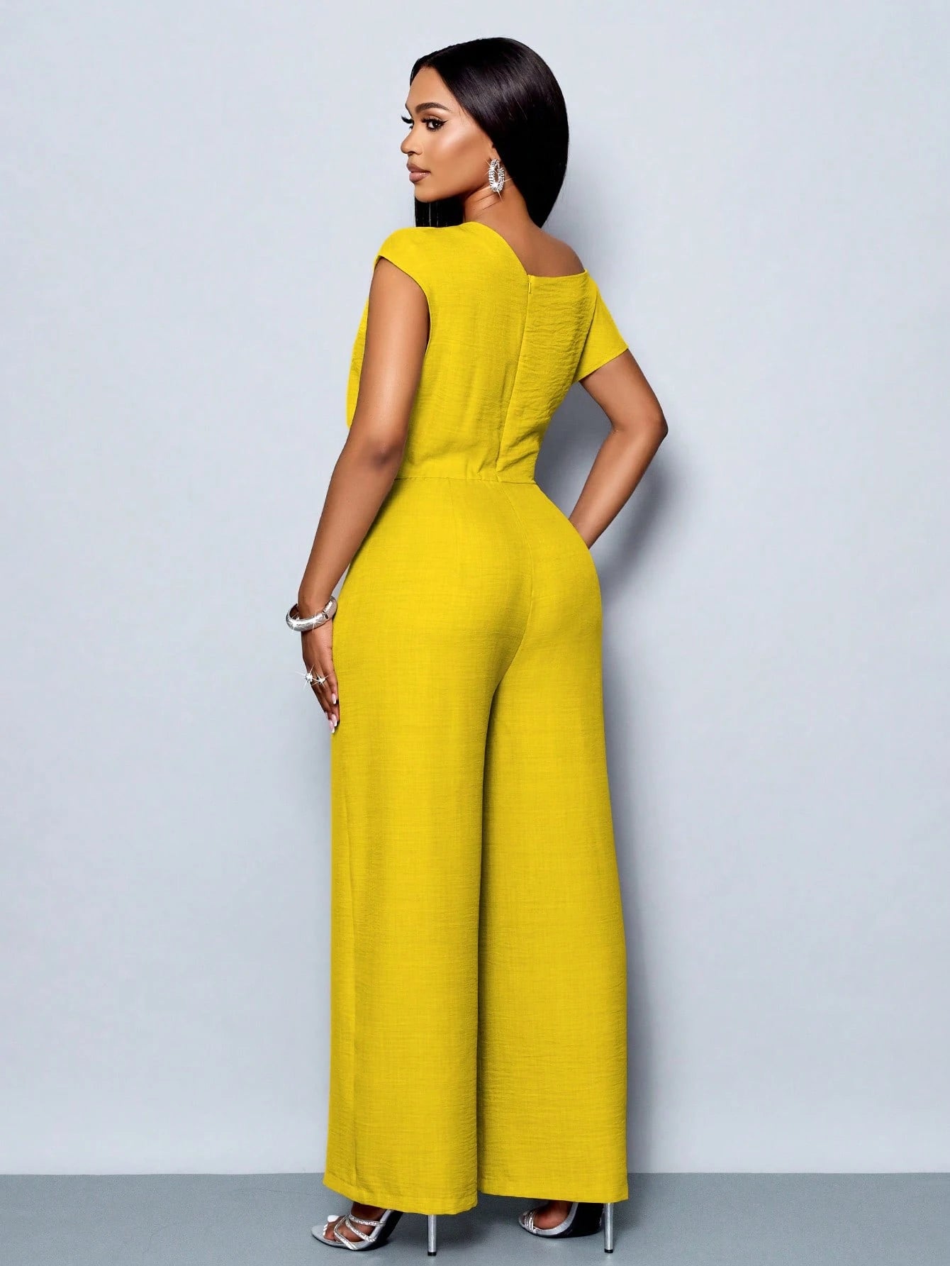 Asymmetrical Neckline Shoulder Pleats Short Sleeve Wide Leg Jumpsuit