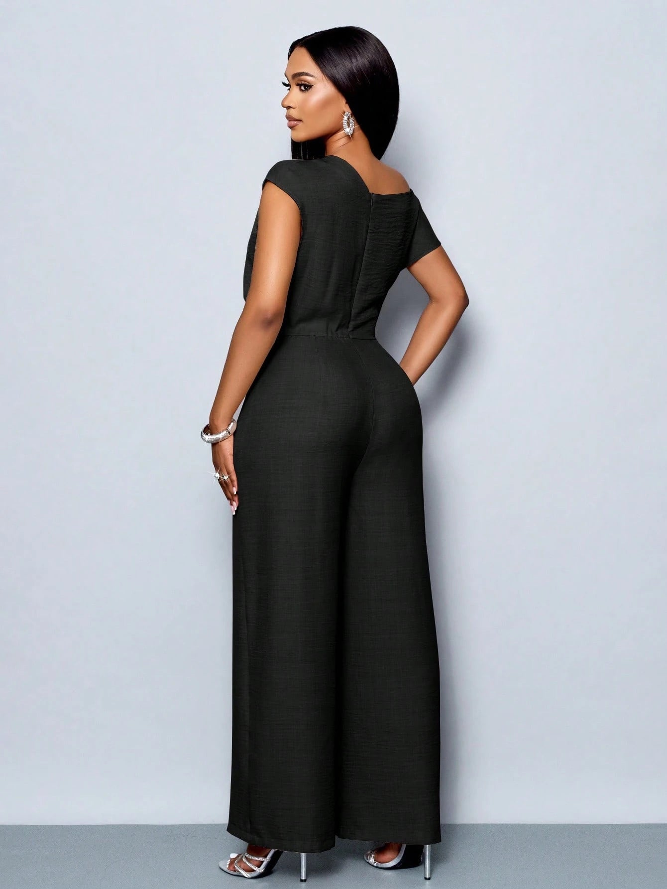 Asymmetrical Neckline Shoulder Pleats Short Sleeve Wide Leg Jumpsuit