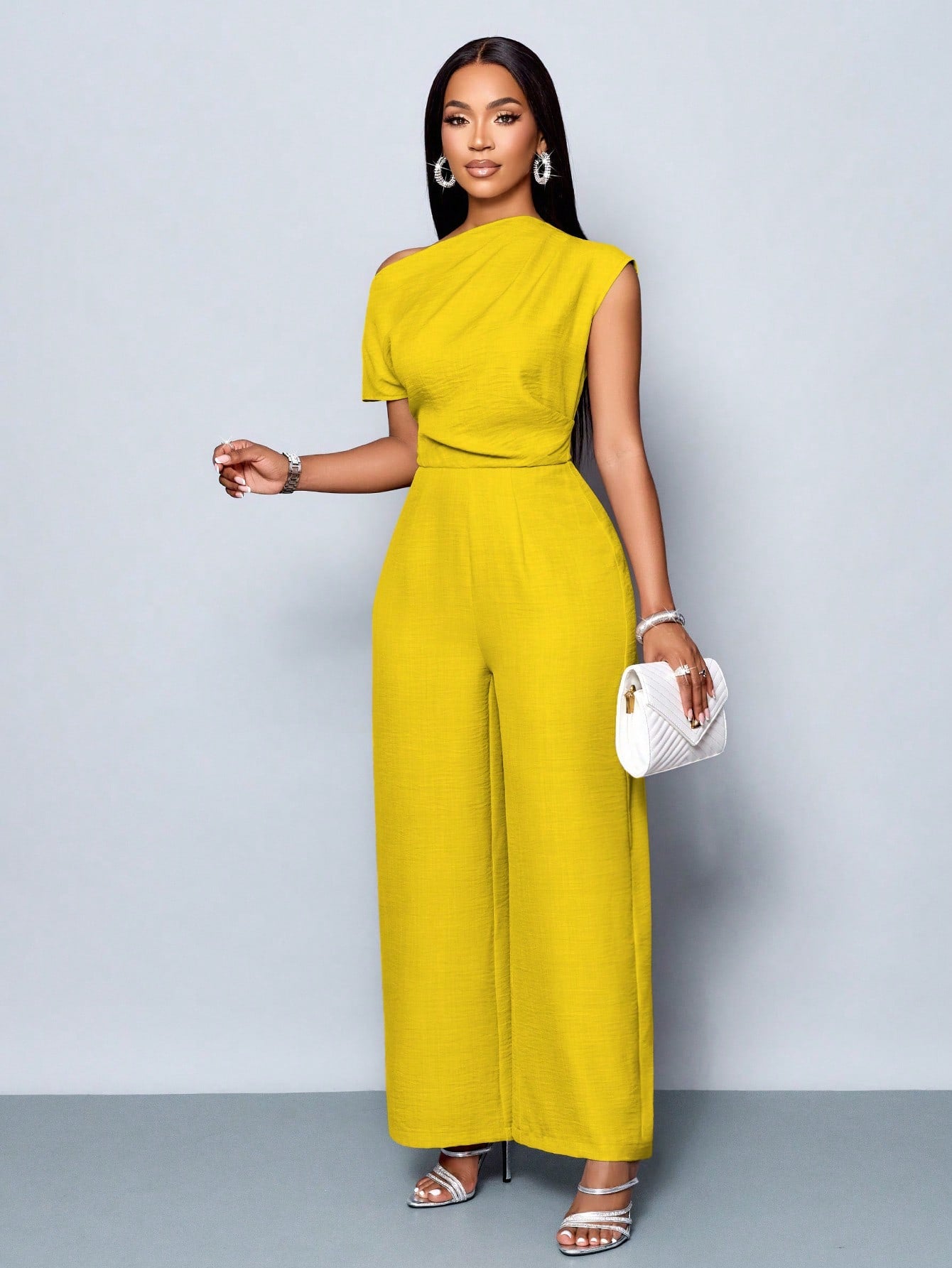 Asymmetrical Neckline Shoulder Pleats Short Sleeve Wide Leg Jumpsuit