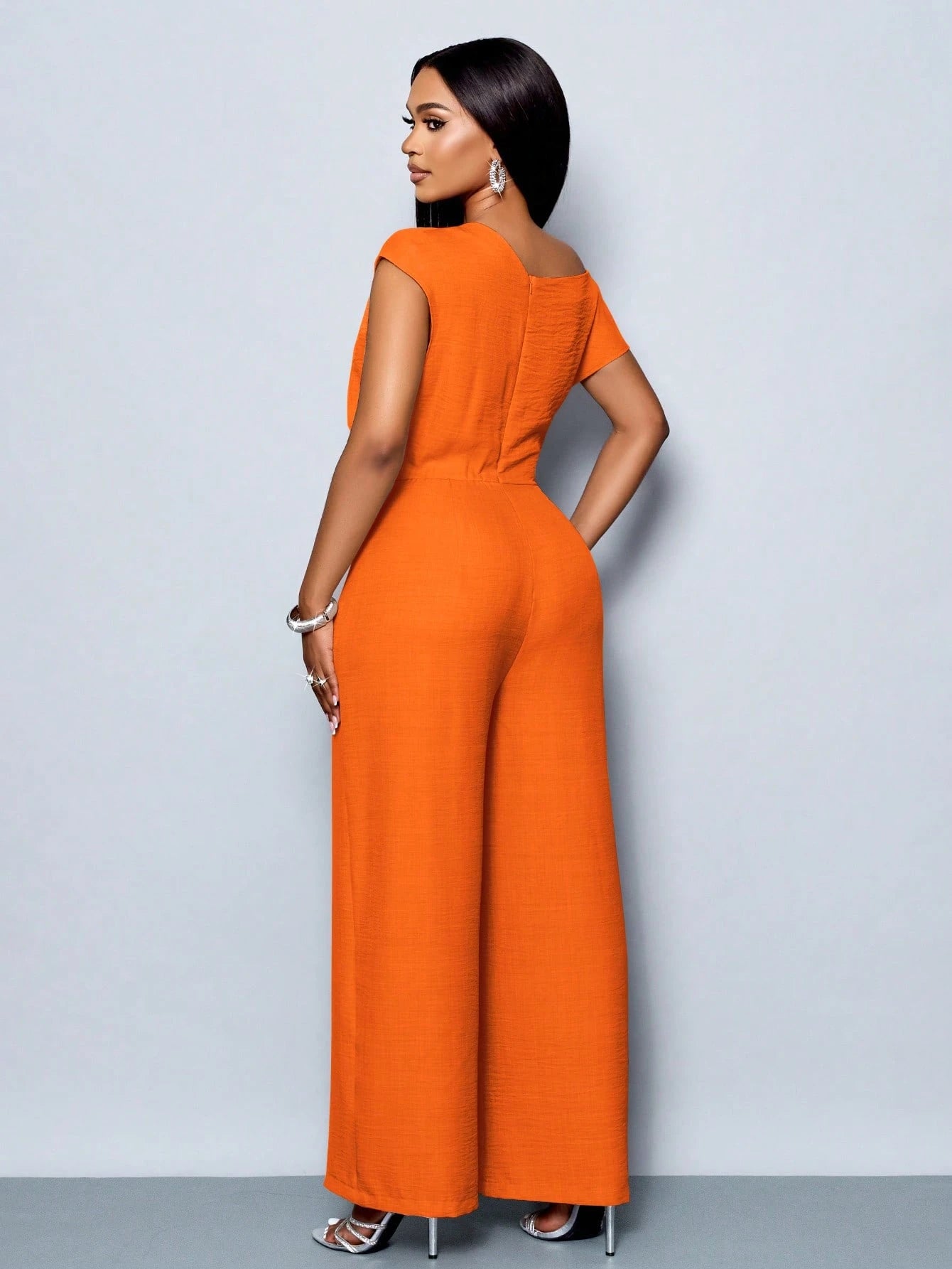 Asymmetrical Neckline Shoulder Pleats Short Sleeve Wide Leg Jumpsuit