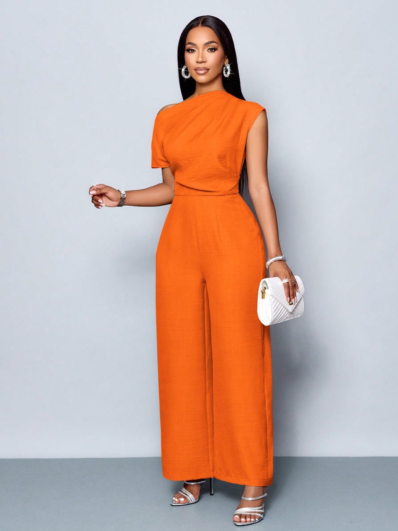 Asymmetrical Neckline Shoulder Pleats Short Sleeve Wide Leg Jumpsuit