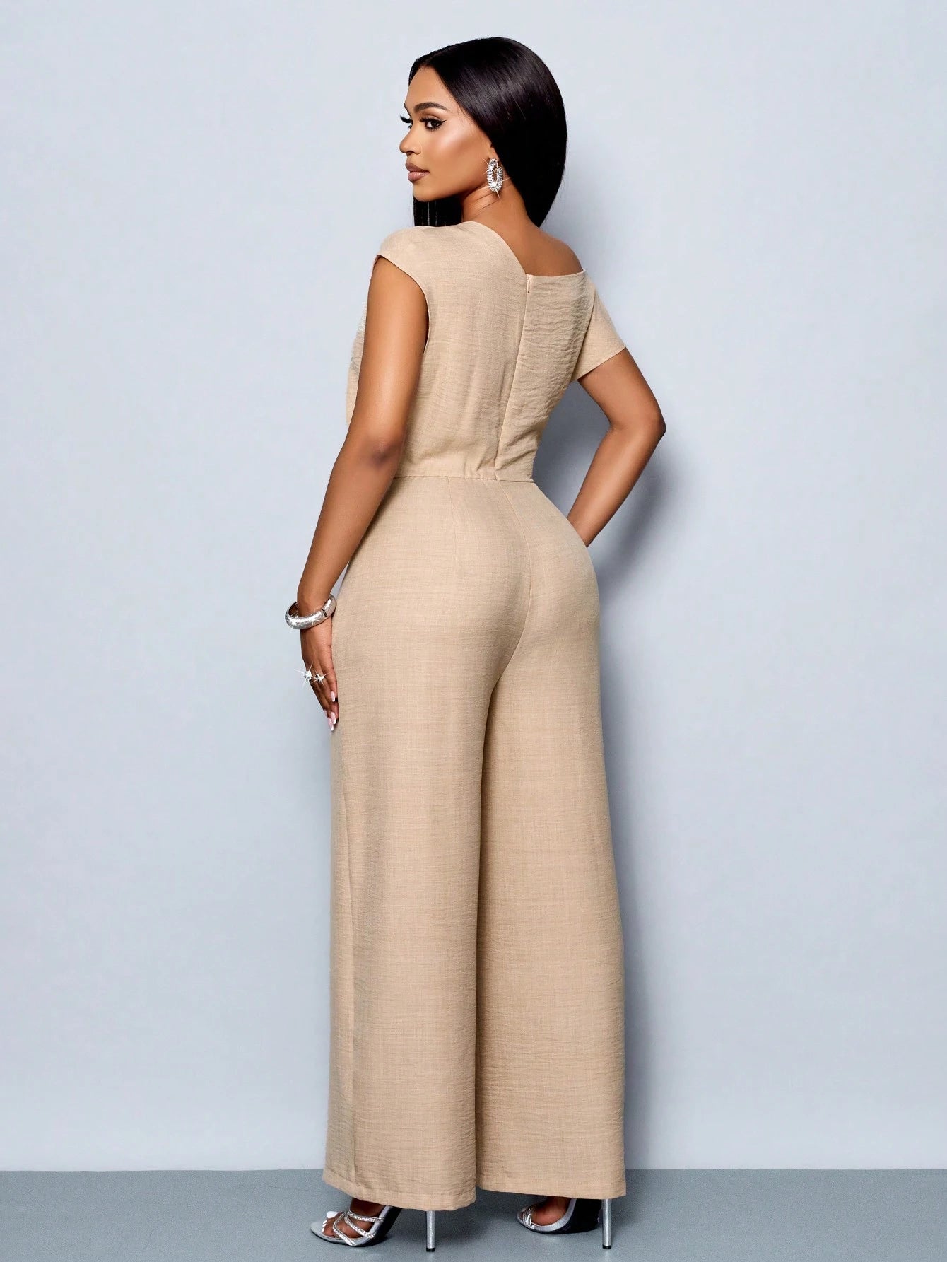 Asymmetrical Neckline Shoulder Pleats Short Sleeve Wide Leg Jumpsuit