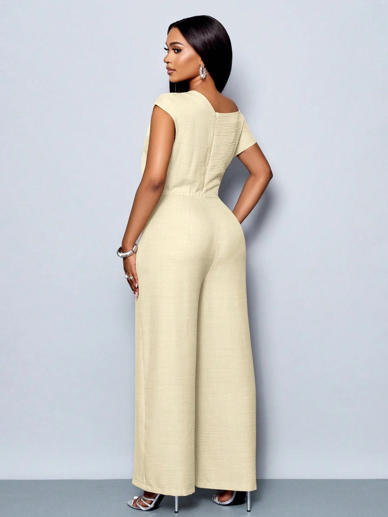 Asymmetrical Neckline Shoulder Pleats Short Sleeve Wide Leg Jumpsuit