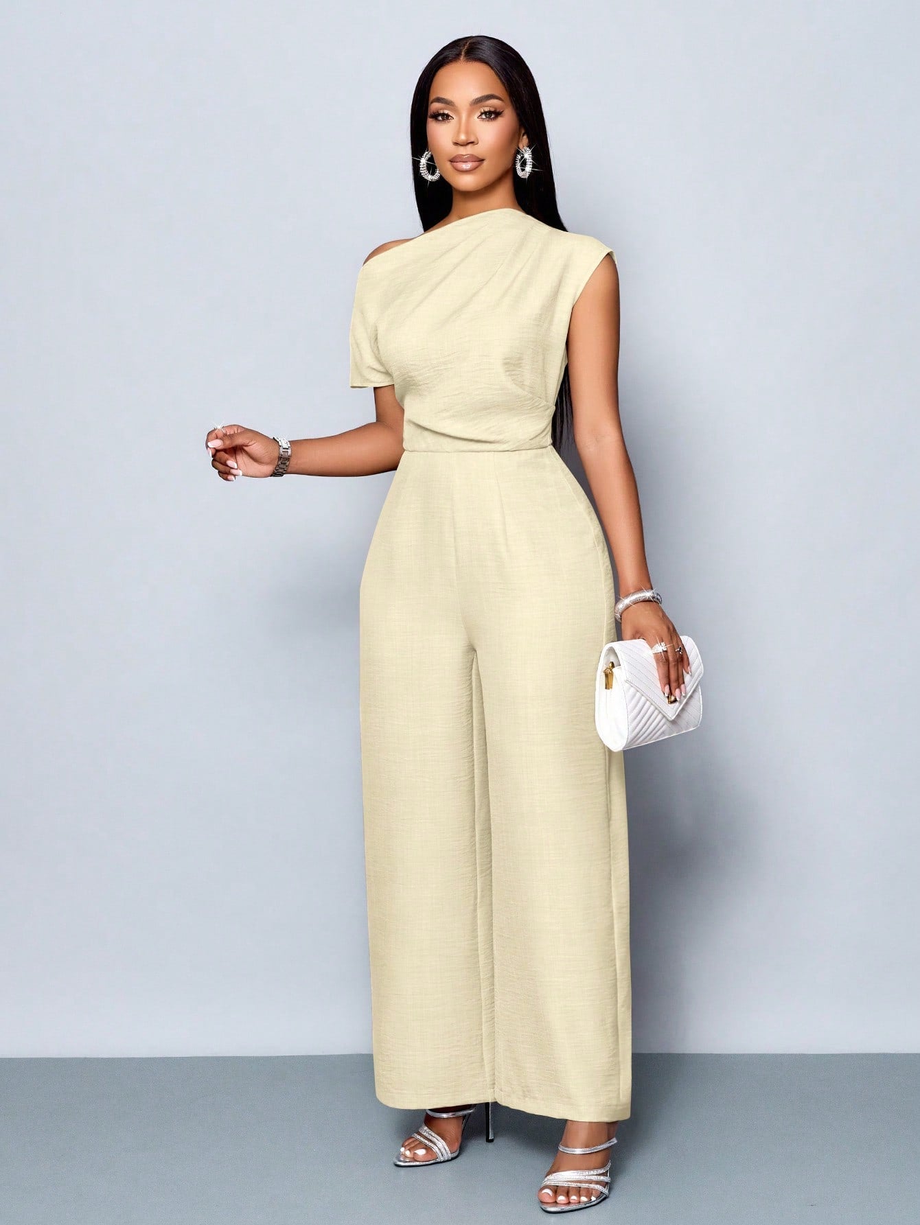 Asymmetrical Neckline Shoulder Pleats Short Sleeve Wide Leg Jumpsuit