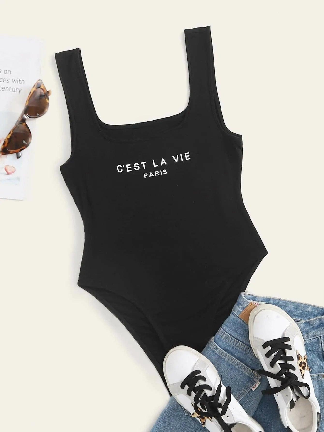 Slogan Tank Bodysuit-Comfy Jumpsuits