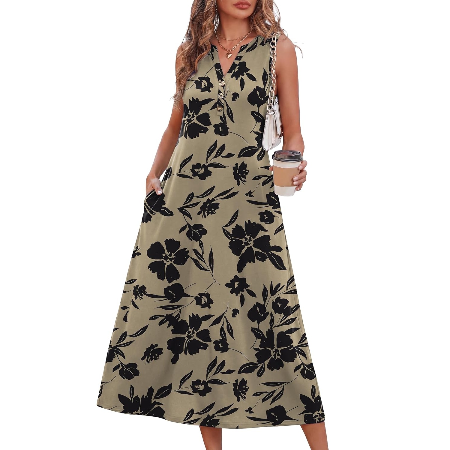 Sleeveless Button Front Midi Dress With Pockets