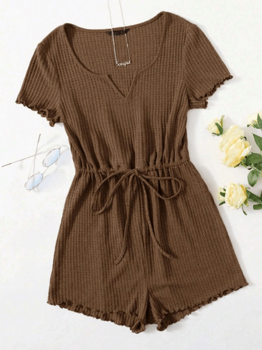Notched Neck Lettuce Trim Romper-Comfy Jumpsuits
