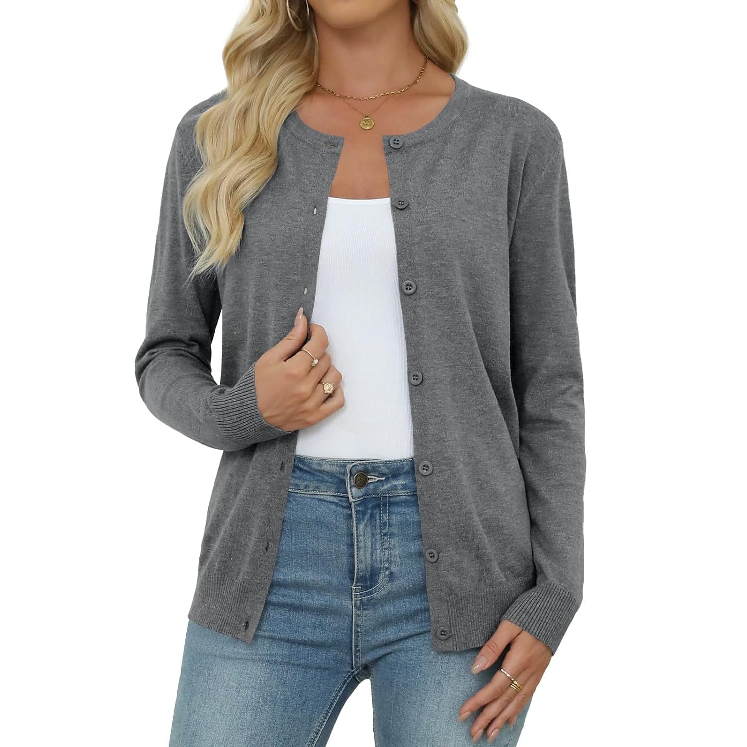Casual Long Knit Crew Sleeve Front Cardigan With Button For Women