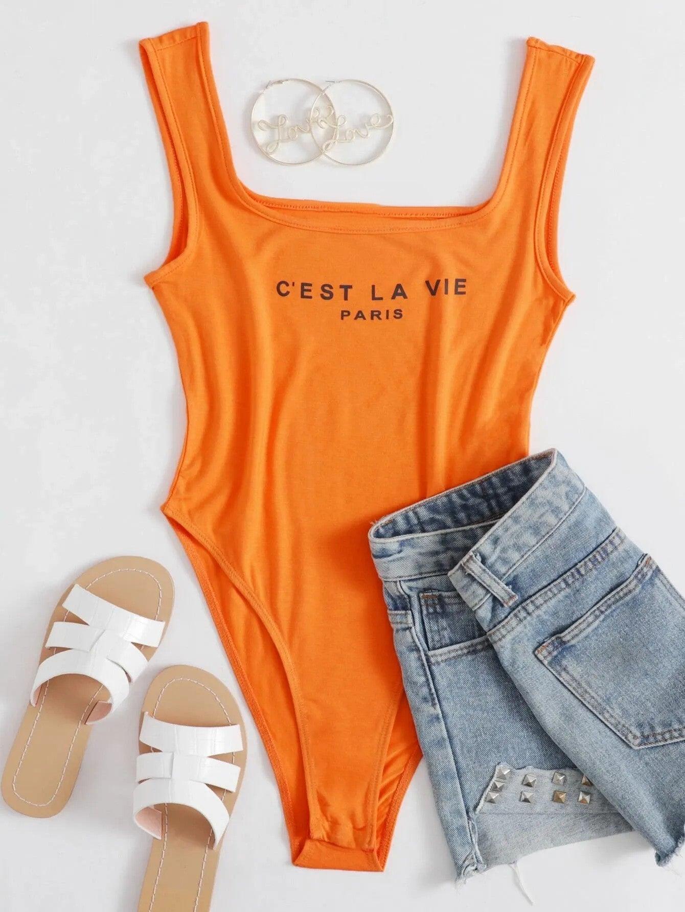 Slogan Tank Bodysuit-Comfy Jumpsuits