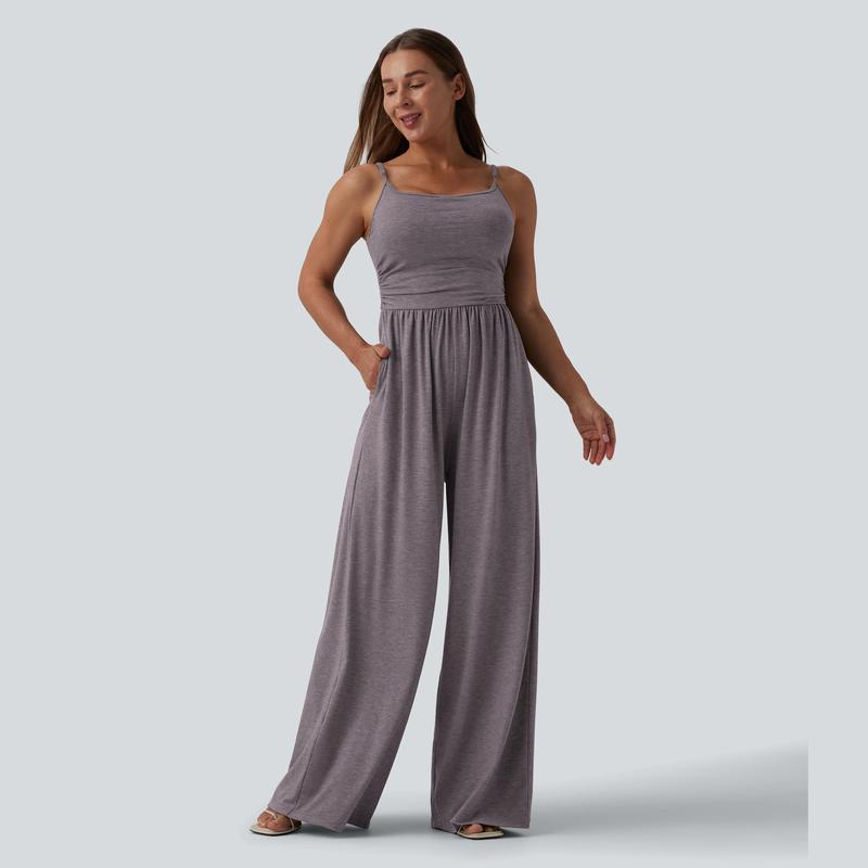 Casual Wide Ruched Jumpsuit With Pockets For Women