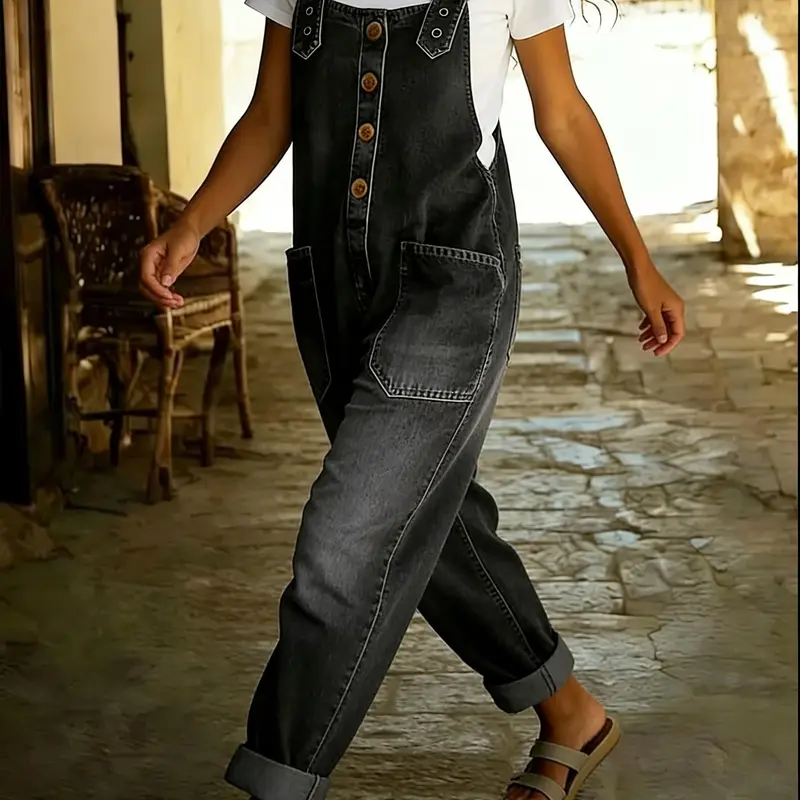 Loose Vintage Denim Wide Romper Jumpsuit With Button For Women