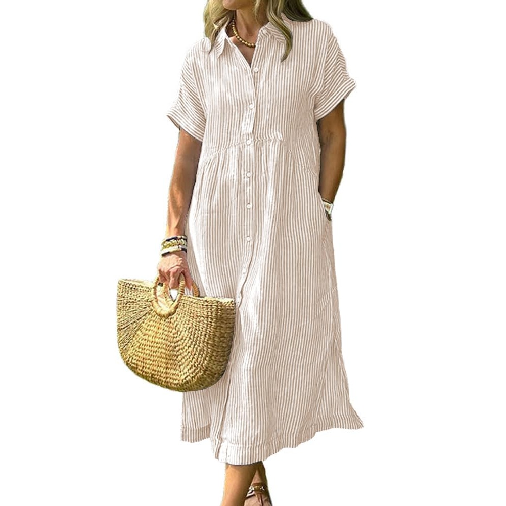 Summer Striped Button Down Midi Shirt Dress