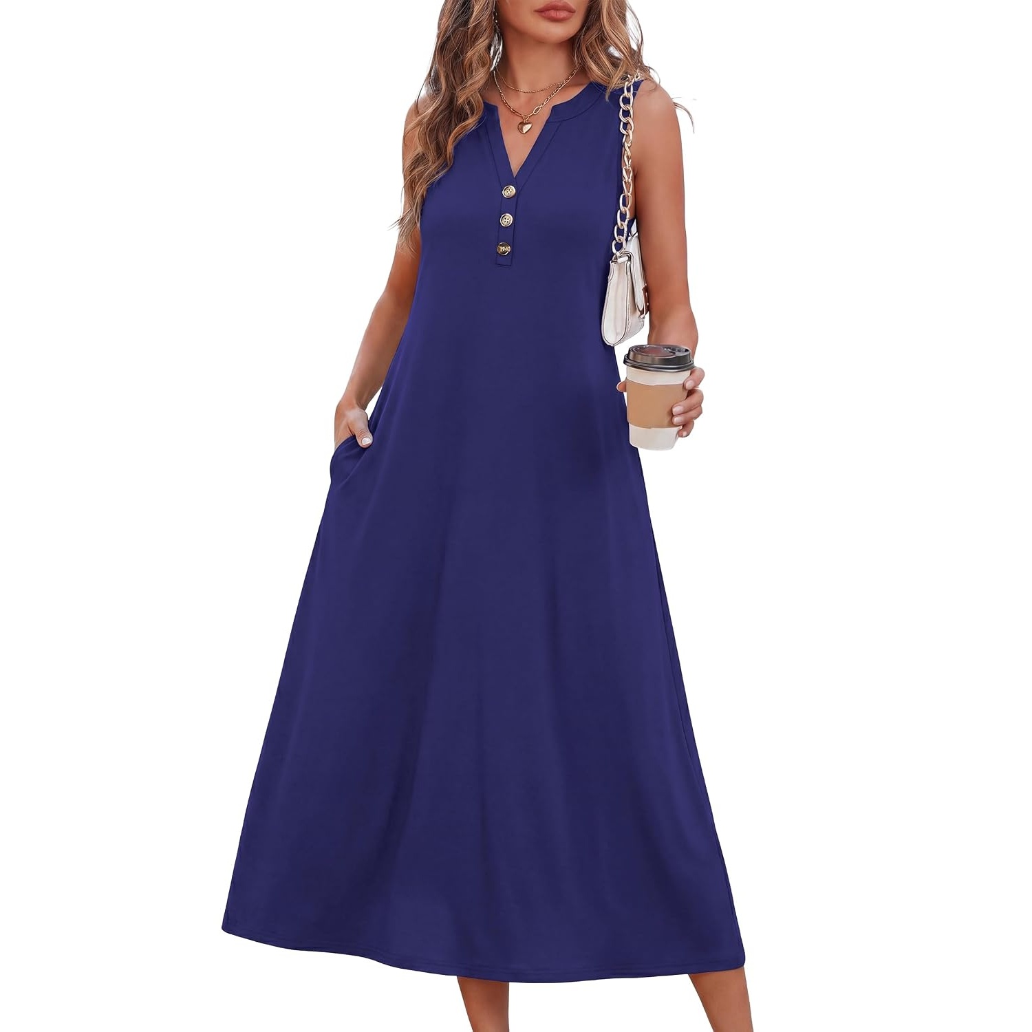 Sleeveless Button Front Midi Dress With Pockets