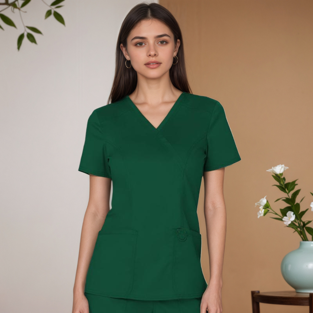 Women Scrubs Mock Wrap Top With 3 Pockets