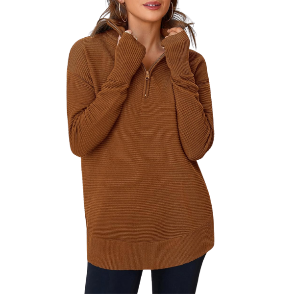 Womens Long Sleeve Quarter Zip Pullover Sweater Casual Loose V Neck Collared Ribbed Knit Jumper Tops Thumb Hole