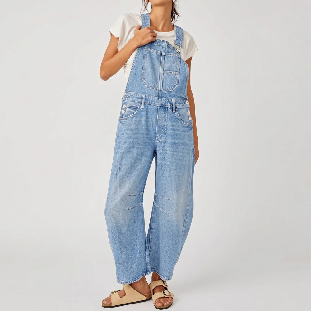Loose Fit Wide Denim Bib Overalls Jumpsuit For Women With Pockets