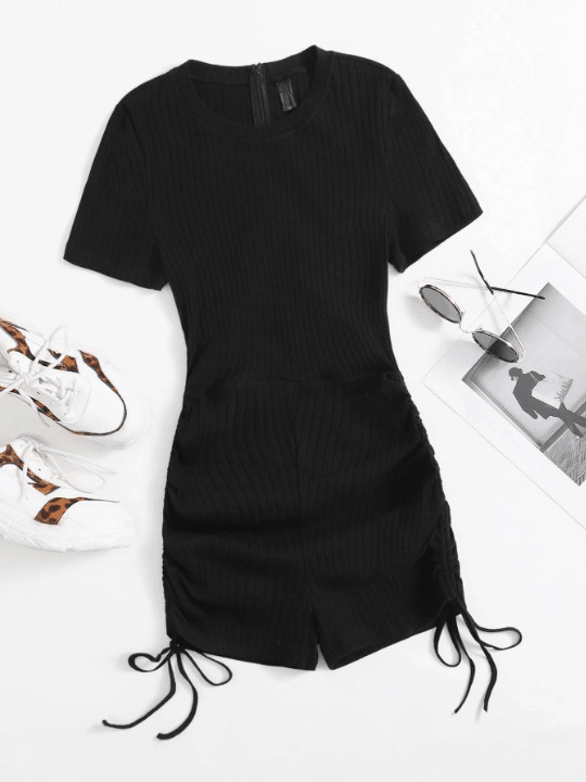 Ruched Drawstring Knot Rib-knit Romper-Comfy Jumpsuits