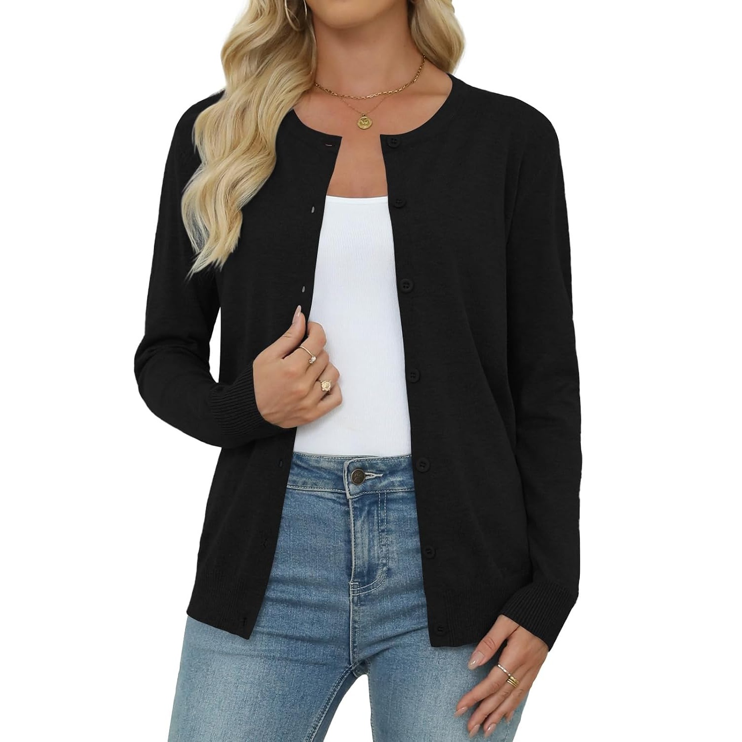Casual Long Knit Crew Sleeve Front Cardigan With Button For Women