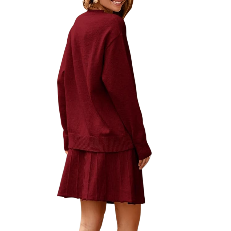 Womens Skirt 2 Piece Sweater Set Long Sleeve Crewneck Sweaters Pleated Mini Skirt Knit Lounge Sets