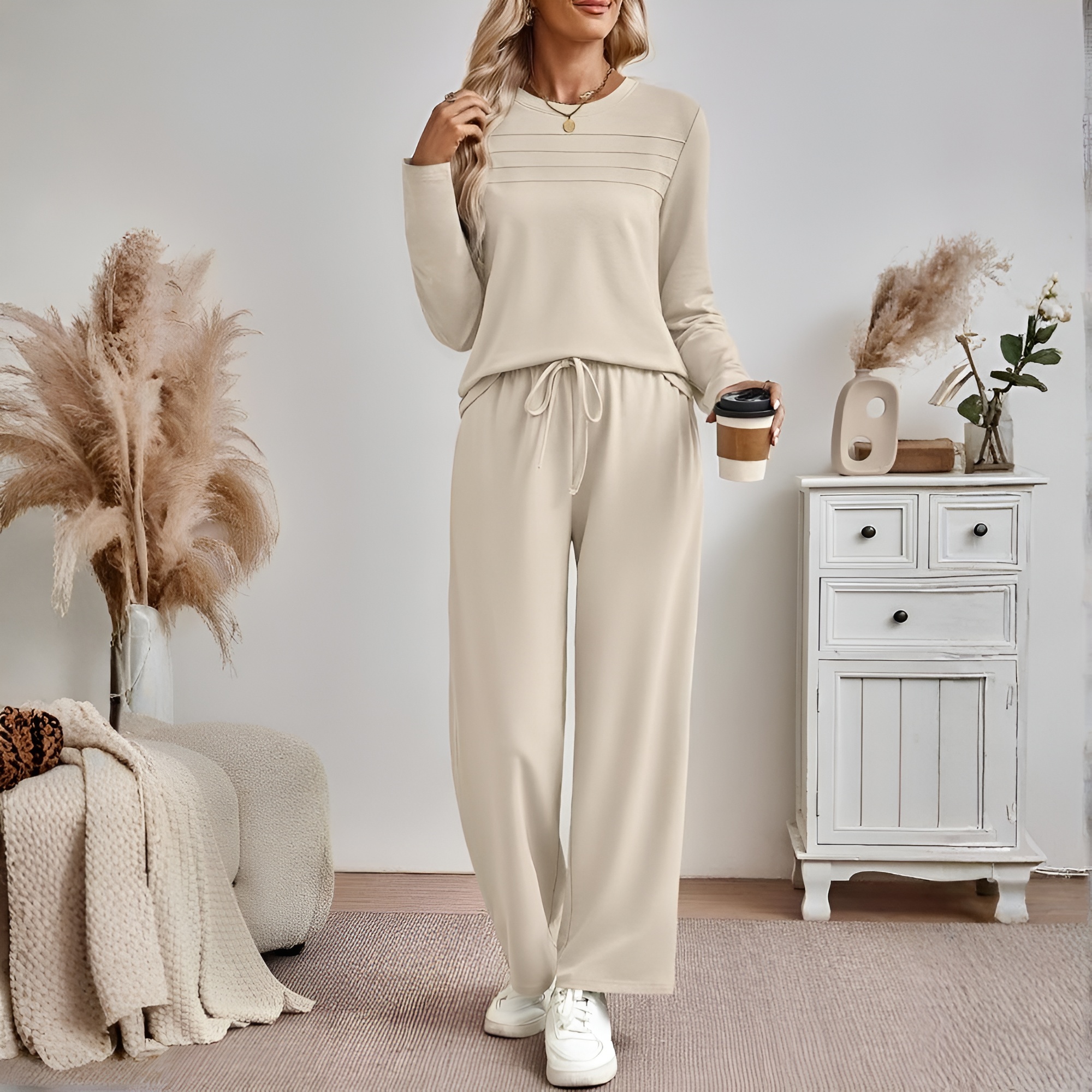 Two Piece Lounge Sets For Women With Comfortable Sweatshirt And Wide Matching Pants