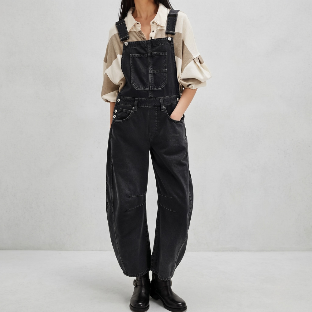Loose Fit Wide Denim Bib Overalls Jumpsuit For Women With Pockets