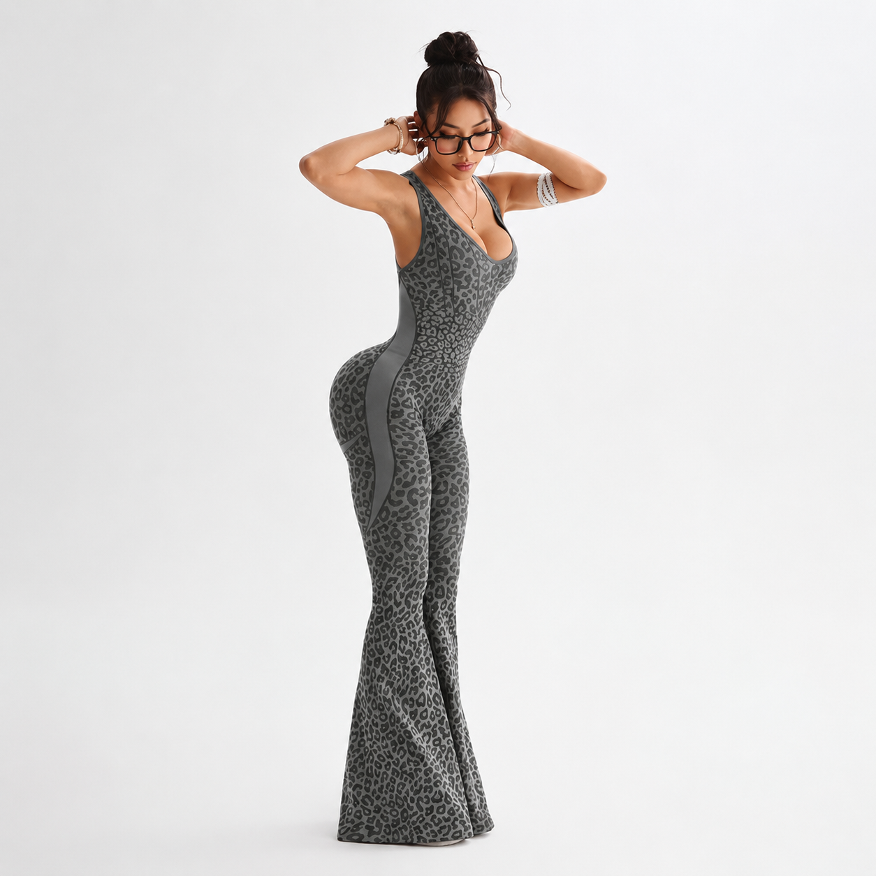 Leopard Print Flared Sports Jumpsuit With Cross Back Design For Women