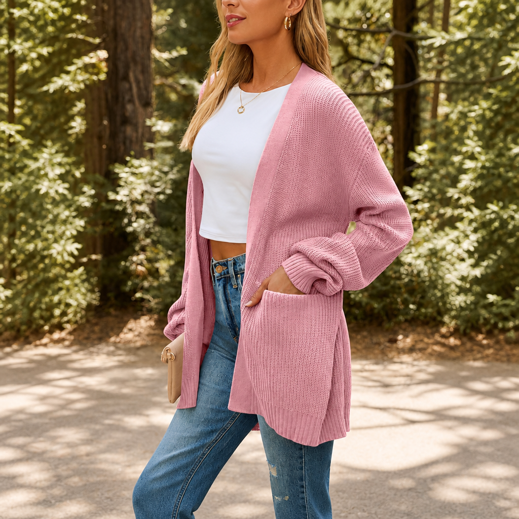 Oversized Open Front Knit Cardigan with Pockets for Women