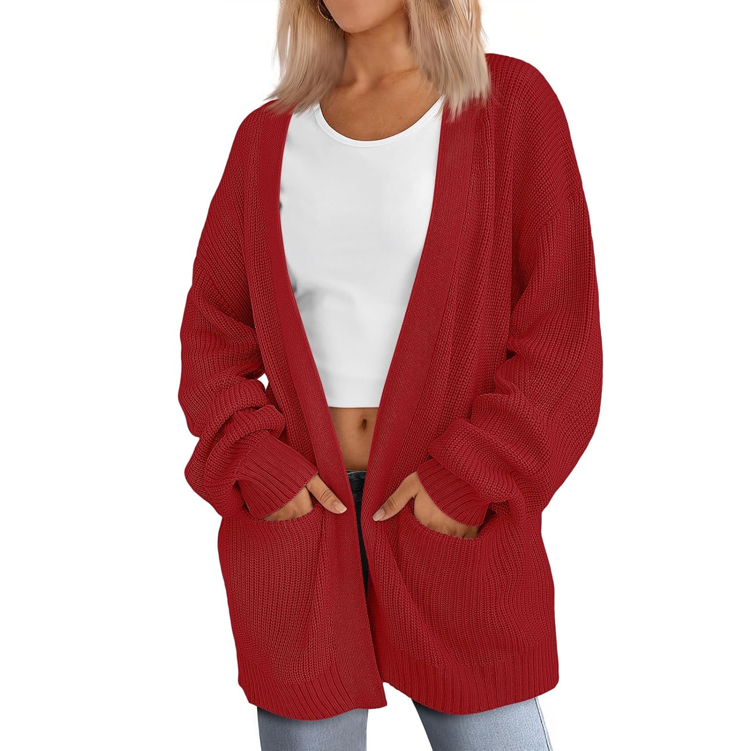 Oversized Open Front Knit Cardigan with Pockets for Women